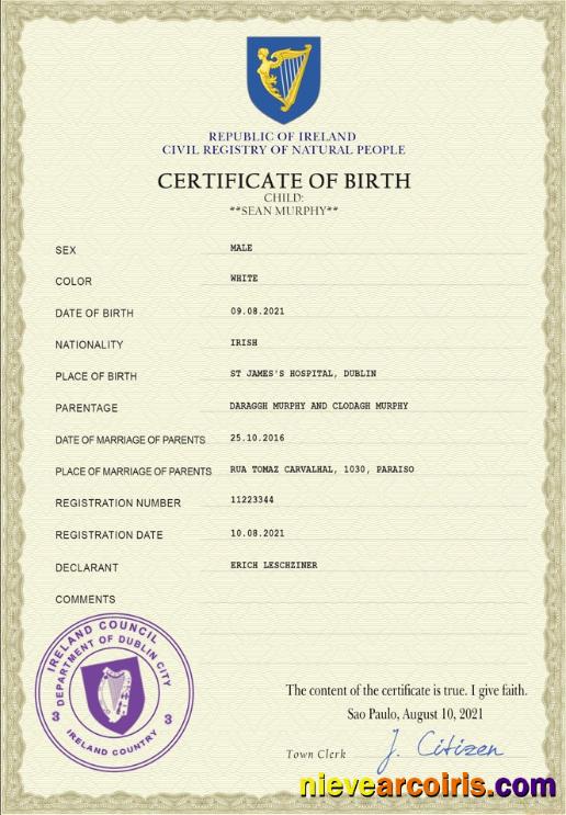 Ireland vital record birth certificate